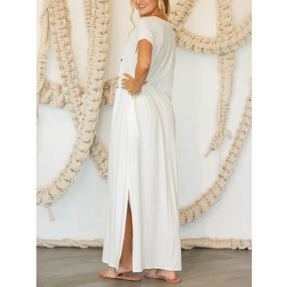 White Boho Graphic Long Maxi T-Shirt Tunic Dress - Picture 3 of 6